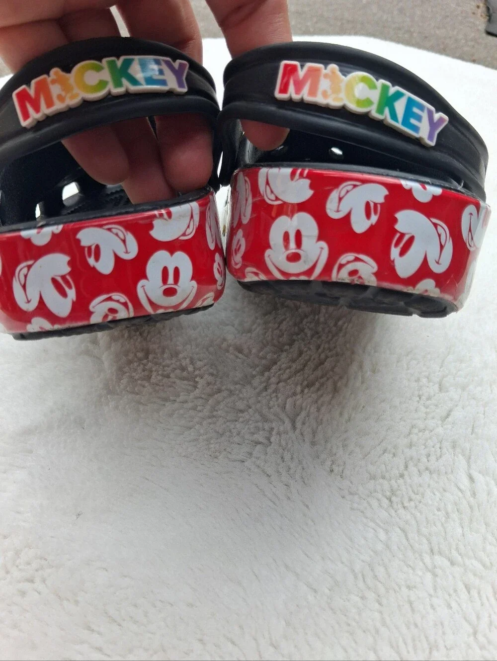 Kids Black Crocs Shoes with Rainbow Mickey Accents Size 3- Big Kid Unisex